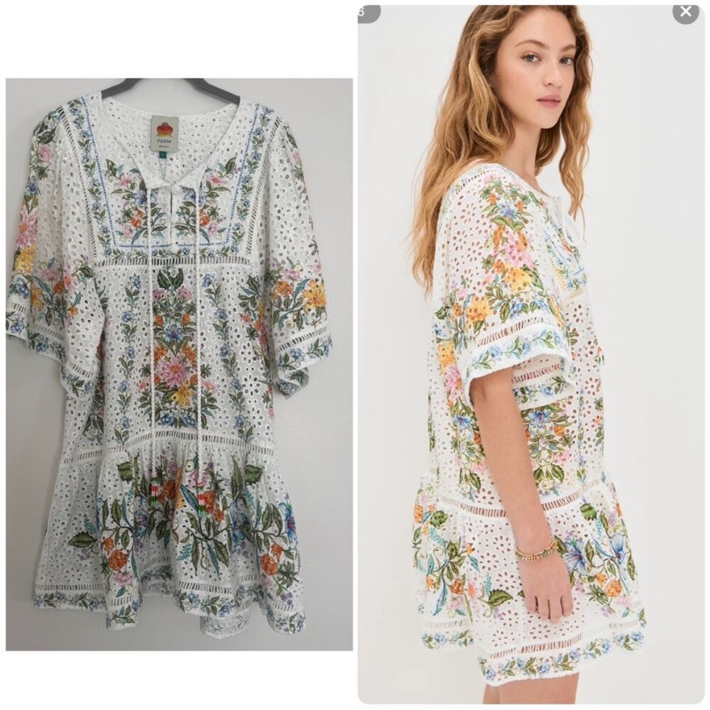FARM Rio 💐 Sweet Bloom Bouquet Cotton Eyelet Cover-Up Minidress Size L, NWT - Picture 6 of 15